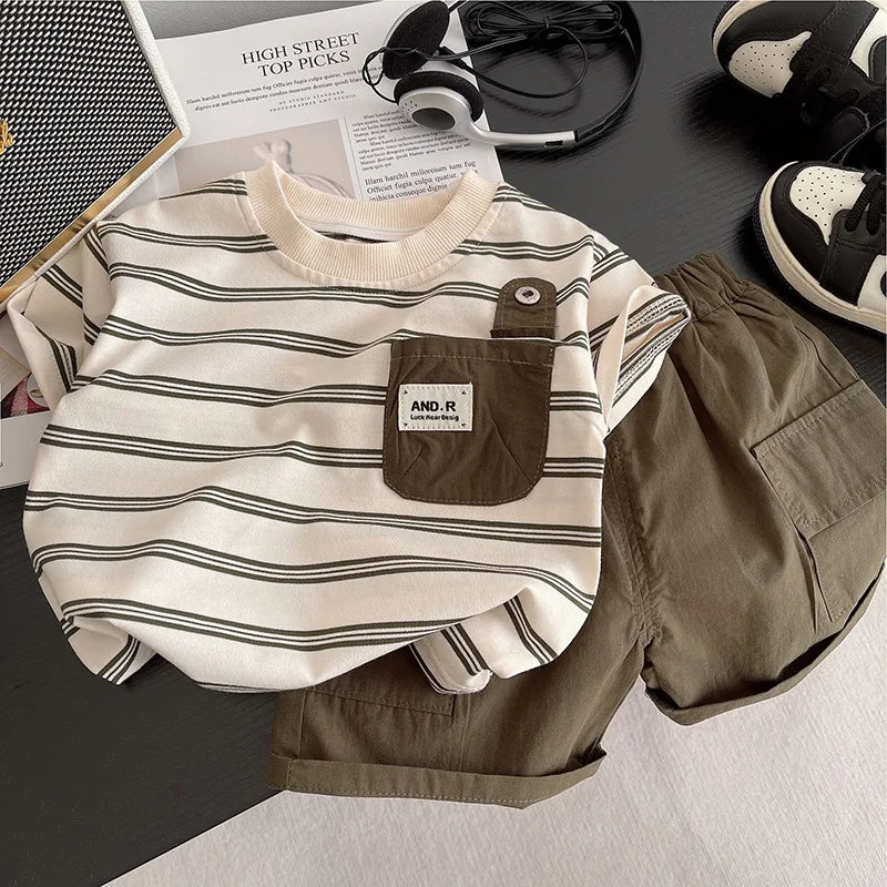 Baby Boys Striped Clothing Suits with cream and black striped top and olive green shorts set