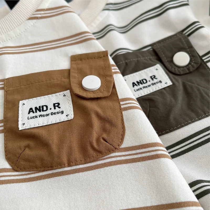 Close-up of Baby Boys Striped Clothing Suits with brown and green pocket details by Yamza Tots' Closet