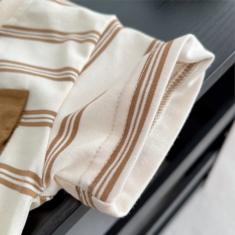 Close-up of beige and brown striped short sleeve from Baby Boys Striped Clothing Suits by Yamza Tots' Closet