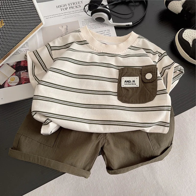 Yamza Tots' Closet baby boys striped clothing suits with cream and olive green pocket top and matching shorts