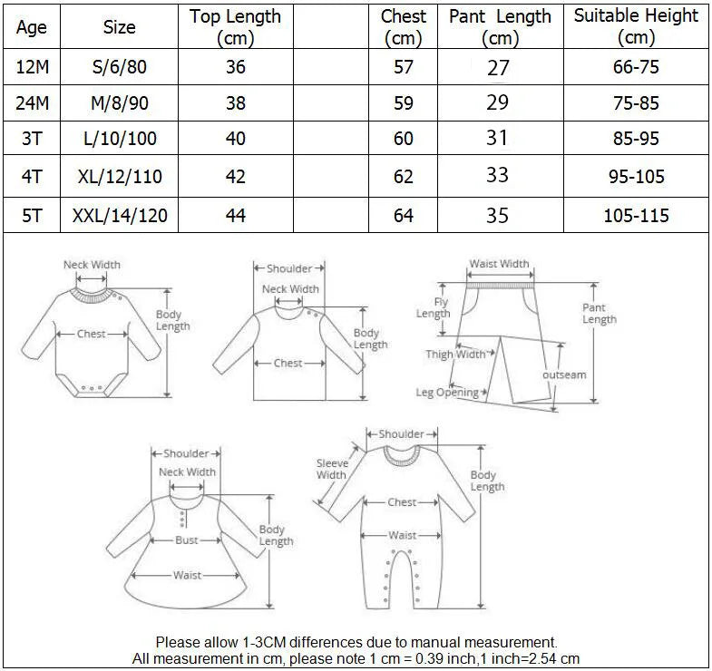 Size chart for Baby Boys Striped Clothing Suits with detailed measurements for top, chest, pant length, and suitable height