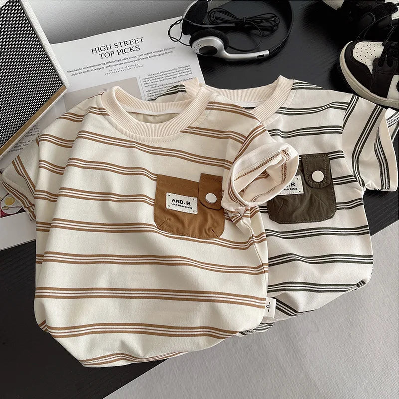 Baby boys striped clothing suits in cream and white with brown and black pocket accents from Yamza Tots' Closet