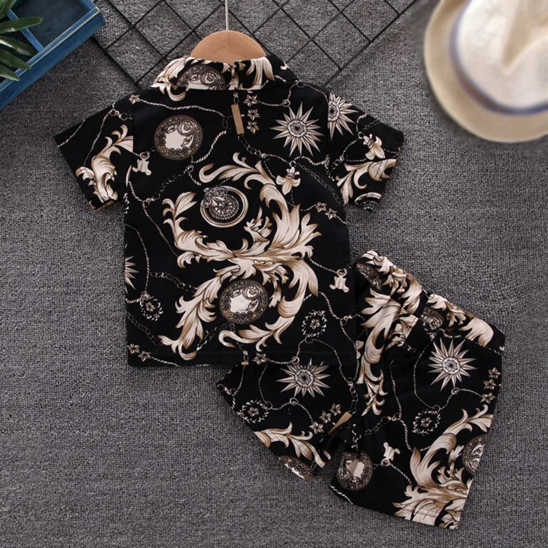Baby Boy's Suit Fashion Print Clothes set with black and beige ornate pattern short sleeve shirt and matching shorts