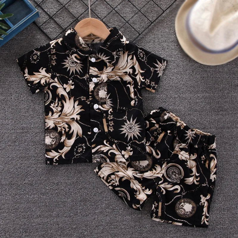 Baby Boy's Suit Fashion Print Clothes with black and beige ornate patterns including a button-up shirt and matching shorts