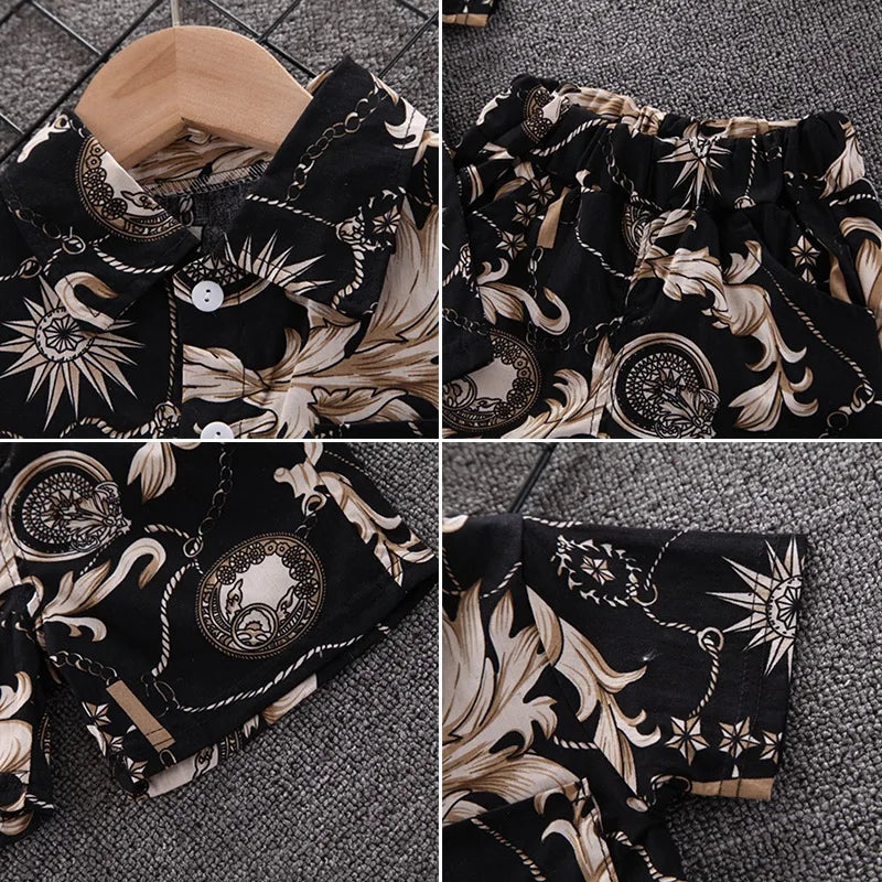Baby Boy's Suit Fashion Print Clothes black and beige with celestial and chain patterns close-up details