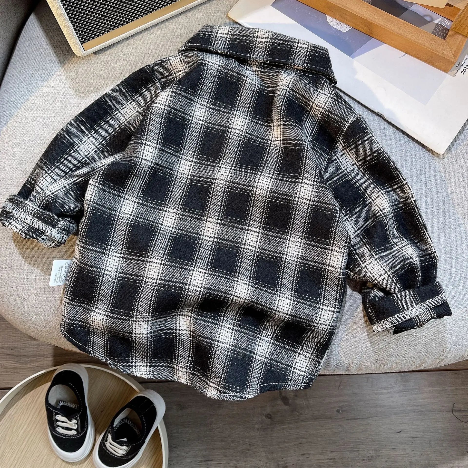 Baby Boys Summer Plaid Outfit Cozy Striped Shirts Tees and Shorts Set black and white plaid shirt laid flat