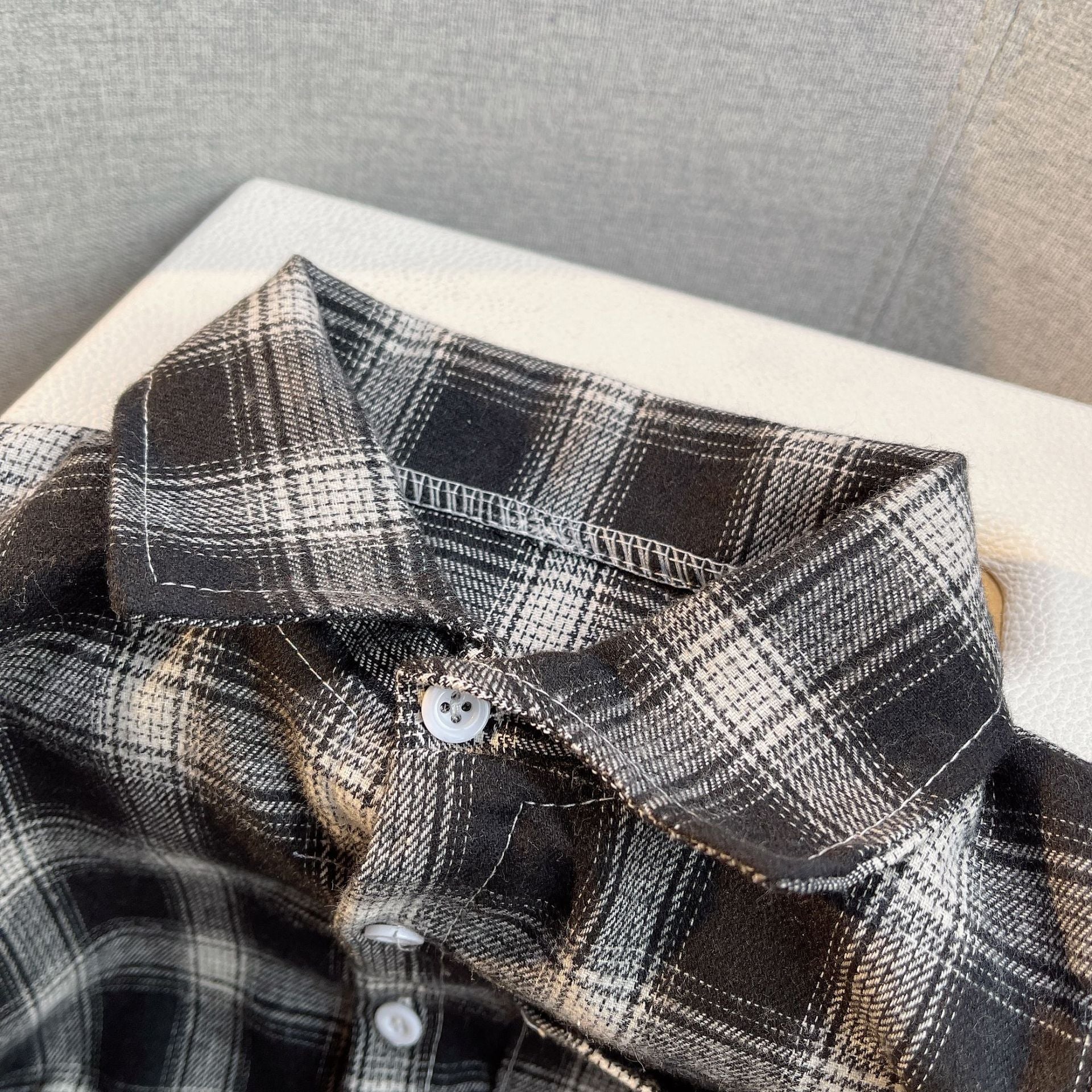 Baby Boys Summer Plaid Outfit Cozy Striped Shirts Tees and Shorts Set with black and white plaid shirt collar close-up
