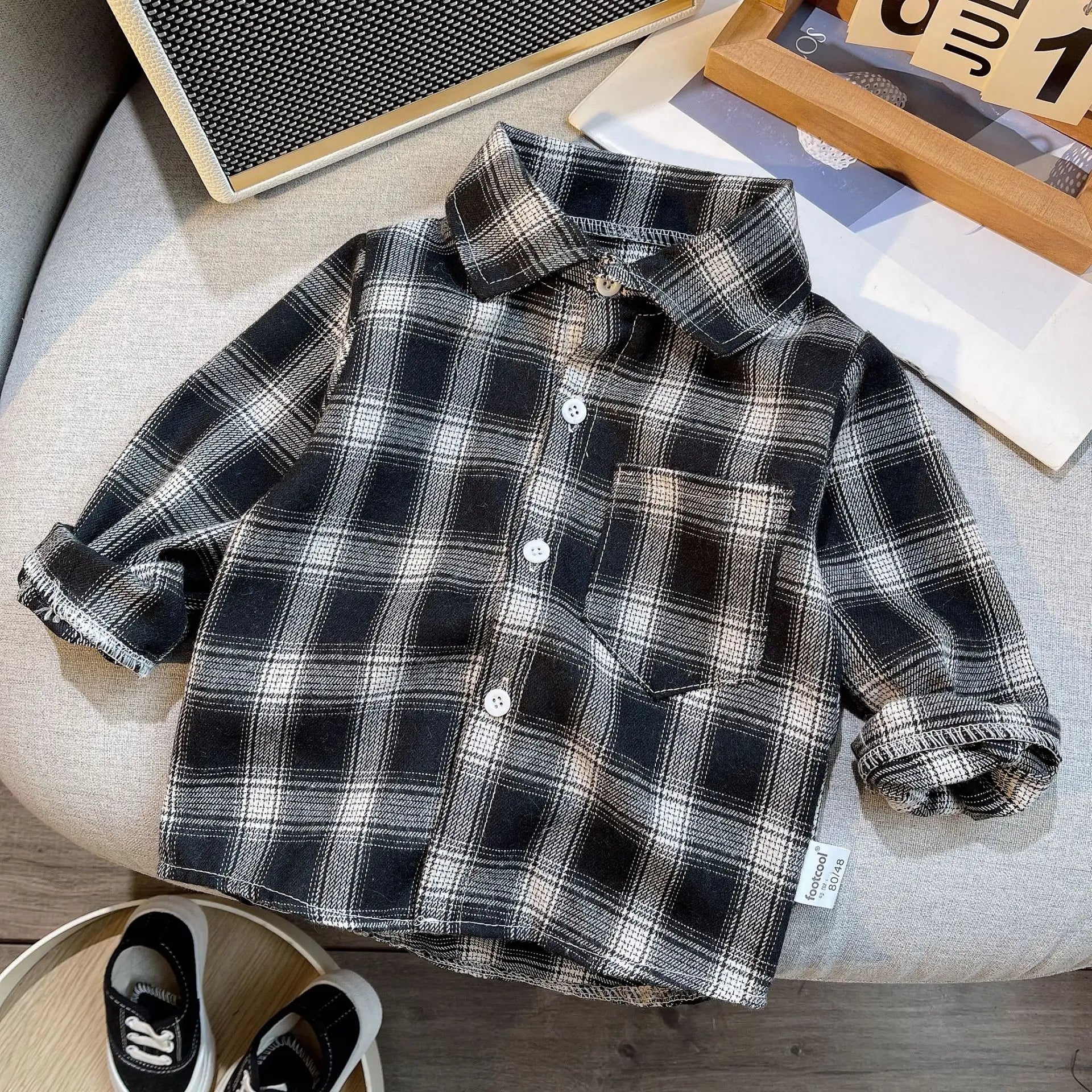 Baby Boys Summer Plaid Outfit Cozy Striped Shirts Tees and Shorts Set black and white plaid shirt with buttons