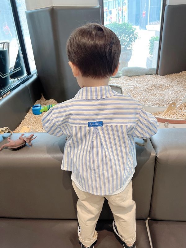Baby boy wearing Baby Boys Summer Plaid Outfit Cozy Striped Shirts Tees and Shorts Set standing indoors