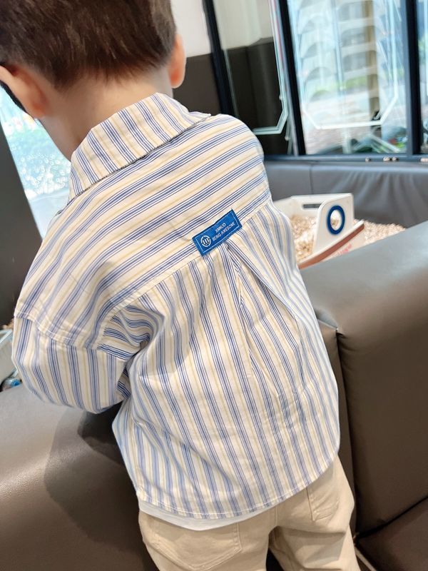 Baby Boys Summer Plaid Outfit Cozy Striped Shirts Tees and Shorts Set worn by toddler leaning on sofa