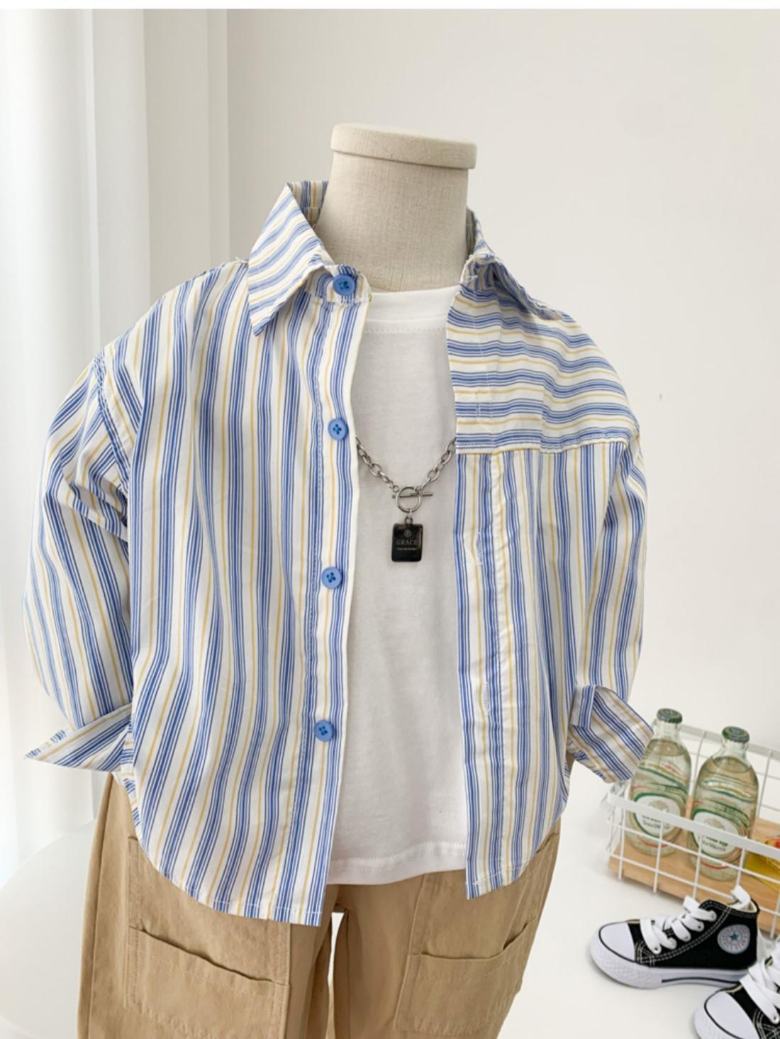 Baby Boys Summer Plaid Outfit Cozy Striped Shirts Tees and Shorts Set featuring blue and yellow striped button-up shirt with white tee