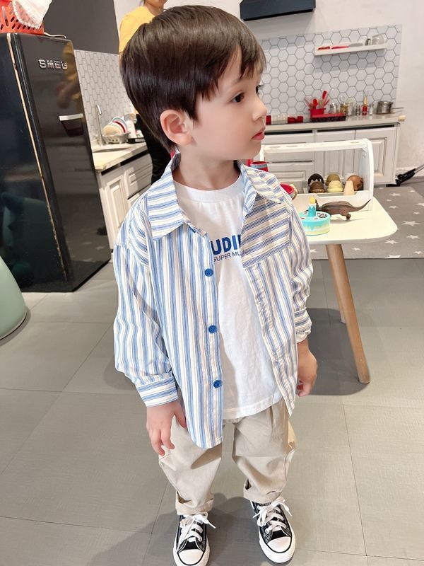 Baby Boys Summer Plaid Outfit Cozy Striped Shirts Tees and Shorts Set worn by toddler in kitchen
