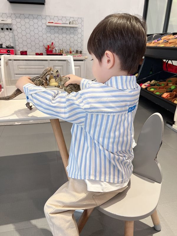 Baby Boys Summer Plaid Outfit Cozy Striped Shirts Tees and Shorts Set worn by toddler playing with toys