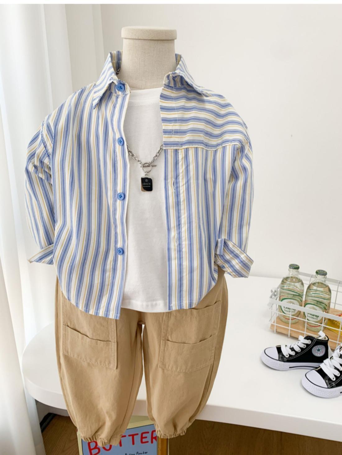 Baby Boys Summer Plaid Outfit Cozy Striped Shirts Tees and Shorts Set with blue striped shirt and tan shorts