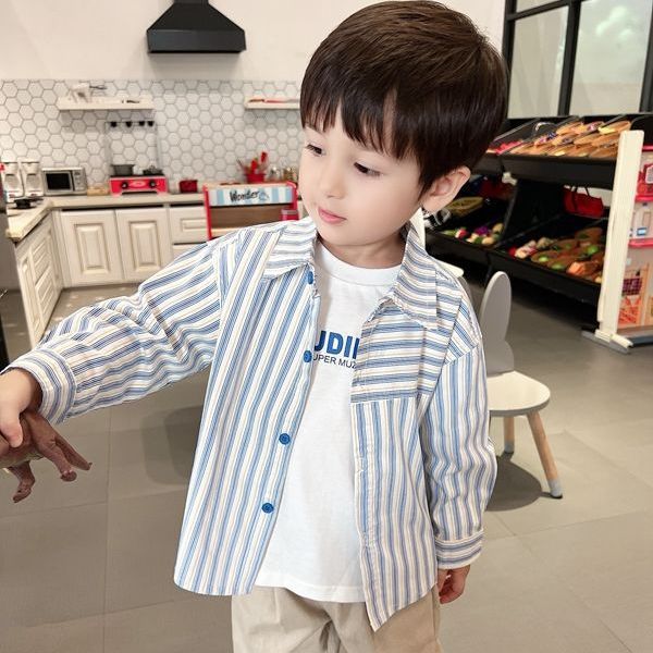Baby boy wearing Baby Boys Summer Plaid Outfit Cozy Striped Shirts Tees and Shorts Set in a modern kitchen setting