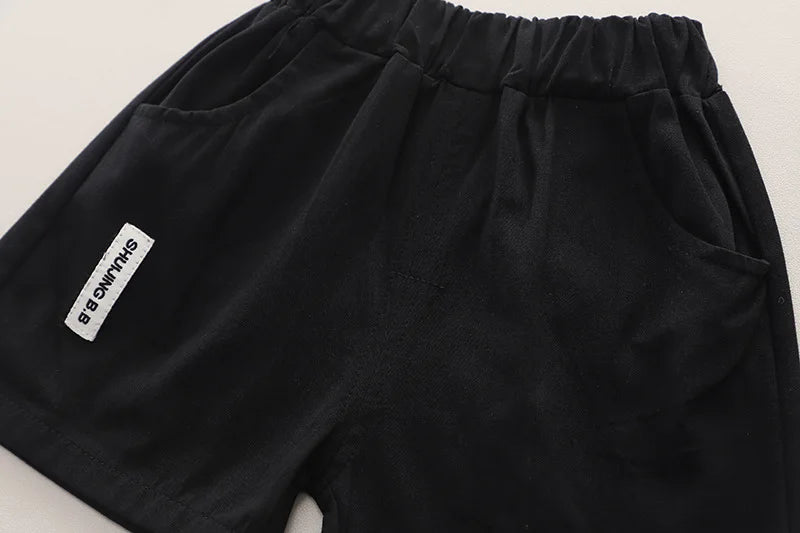 Black baby boys shorts with elastic waistband and pockets from Baby Boys Summer Set Striped Shirts Tees and Shorts