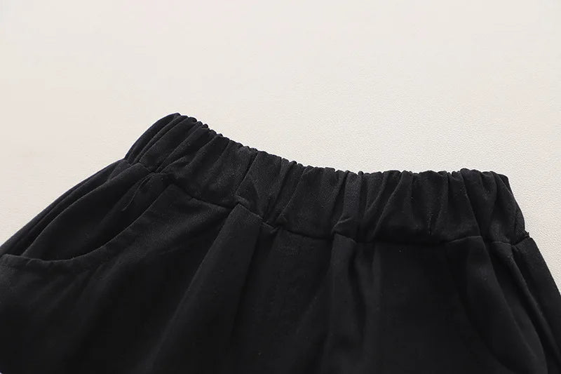 Black elastic waistband shorts from Yamza Tots' Closet baby boys summer set striped shirts tees and shorts