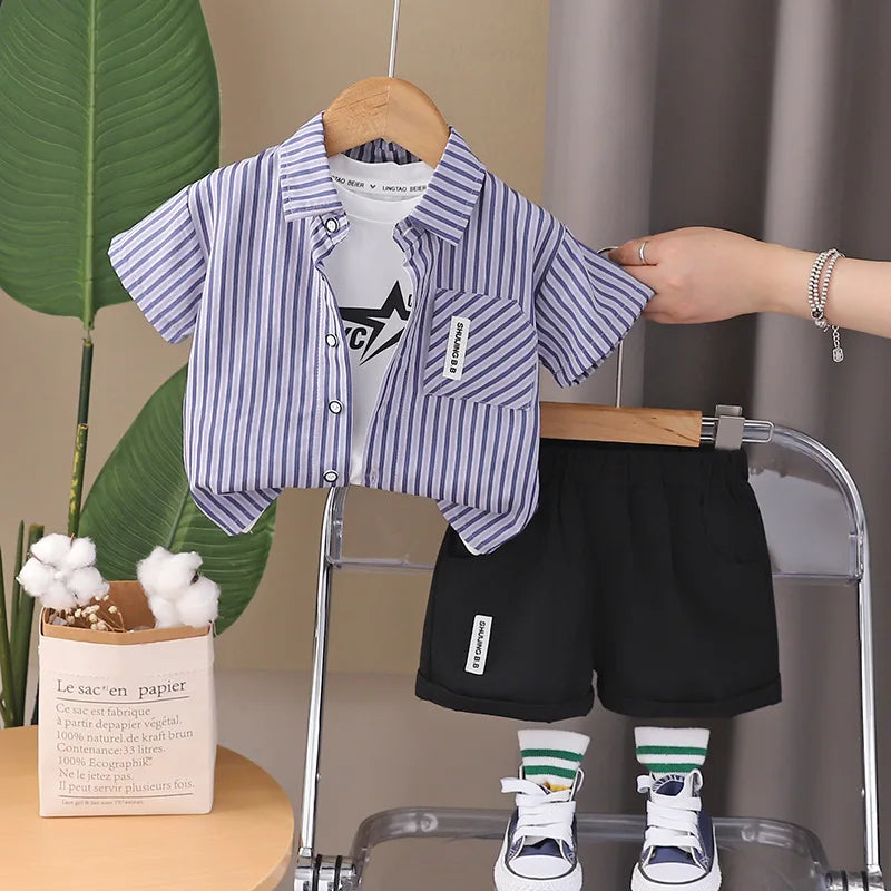 Baby Boys Summer Set Striped Shirts Tees and Shorts with navy striped shirt black shorts and white tee