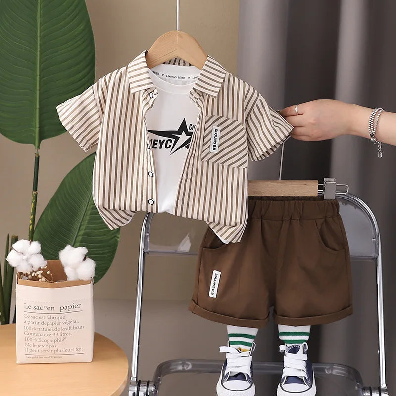 Baby Boys Summer Set Striped Shirts Tees and Shorts with brown shorts and striped shirt on a hanger