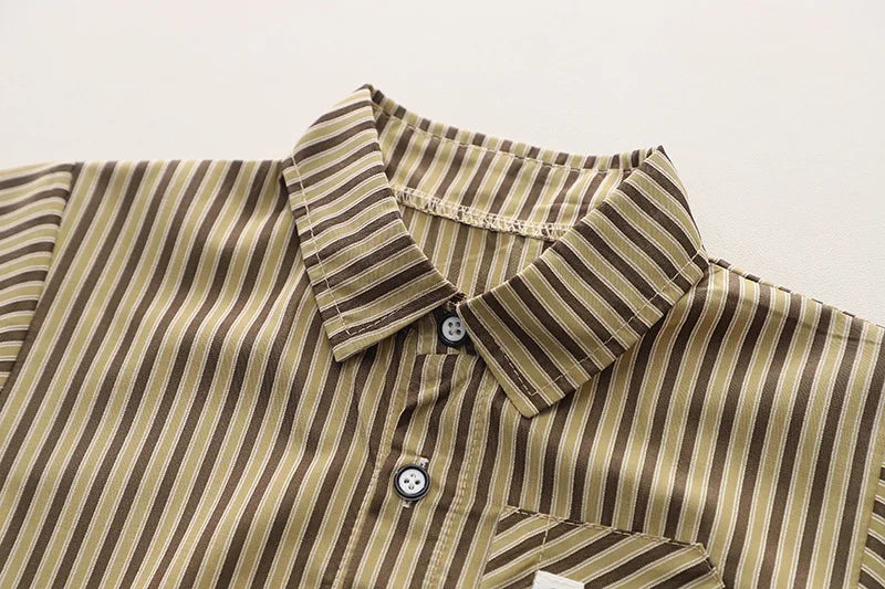 Close-up of striped collar and buttons on a brown Baby Boys Summer Set Striped Shirts Tees & Shorts