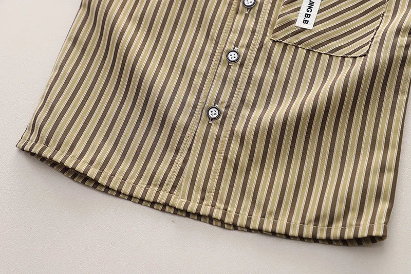 Close-up of striped baby boys shirt buttons from Baby Boys Summer Set Striped Shirts Tees and Shorts by Yamza Tots Closet