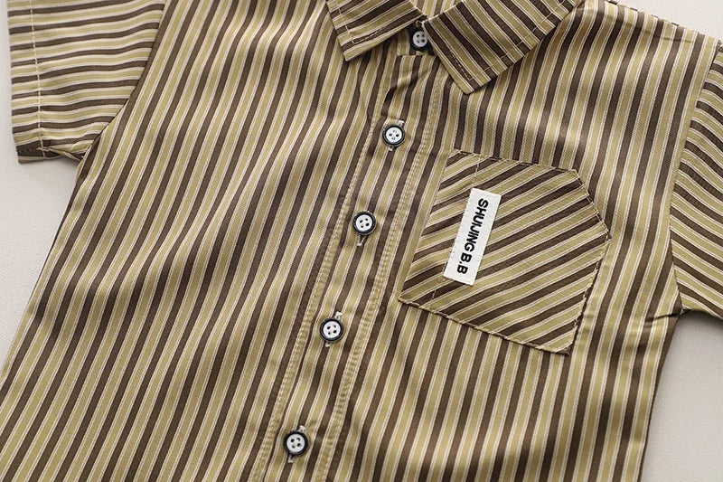 Baby Boys Summer Set Striped Shirts Tees and Shorts short sleeve brown striped button-up shirt with chest pocket