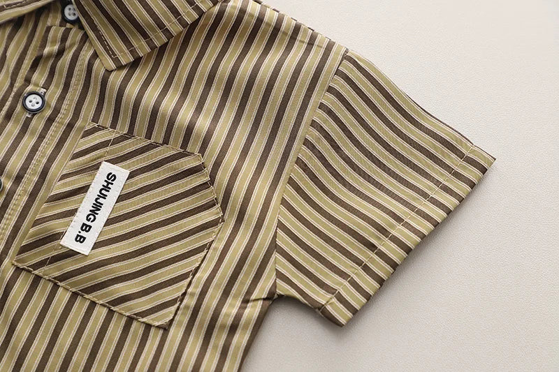 Close-up of striped short sleeve shirt for baby boys in Baby Boys Summer Set Striped Shirts Tees and Shorts