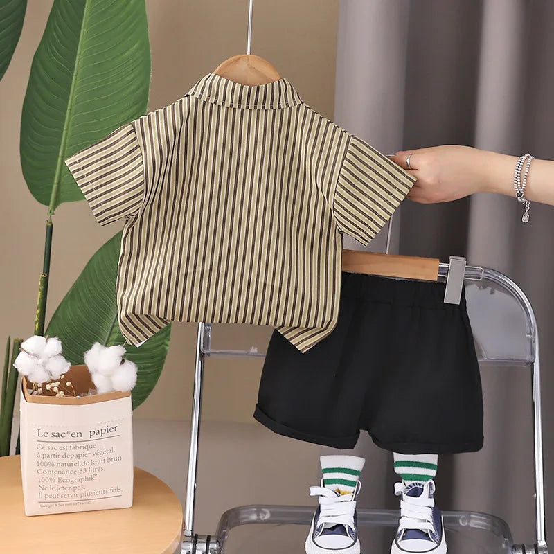 Baby Boys Summer Set Striped Shirts Tees and Shorts featuring a brown striped short sleeve shirt and black shorts on a hanger