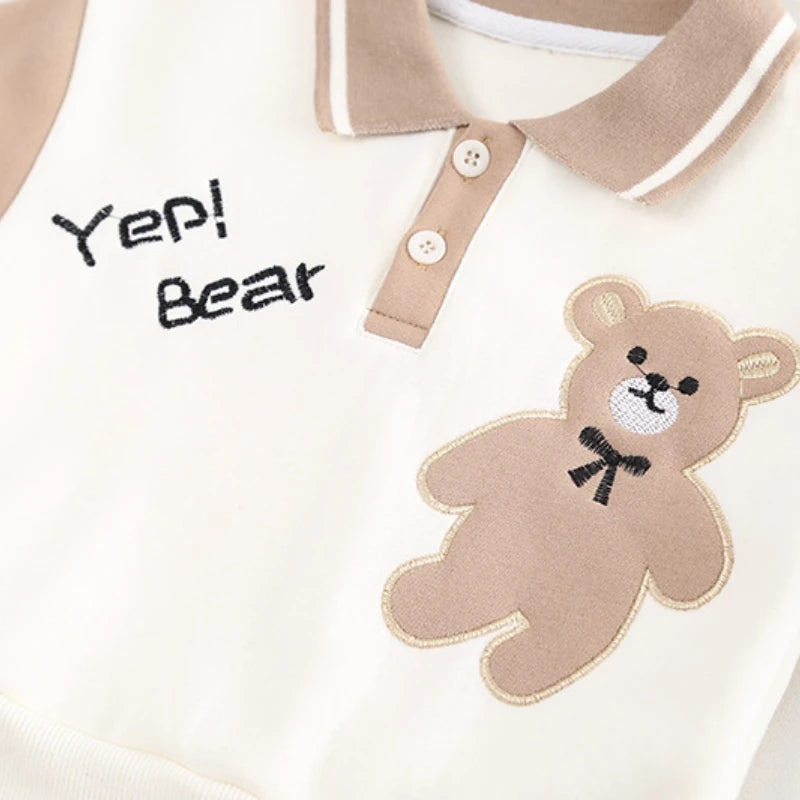 Baby Clothes Children Set Boys T-Shirt Pants 2Pcs Sets featuring beige collar and embroidered teddy bear design