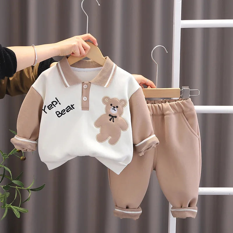 Baby Clothes Children Set Boys T-Shirt Pants 2Pcs Sets with beige bear print and matching pants