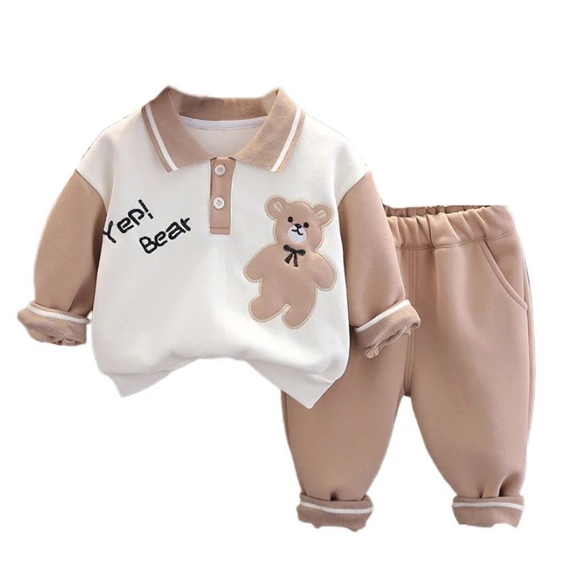Baby Clothes Children Set Boys T-Shirt Pants 2Pcs Sets with beige bear design long sleeve shirt and matching pants