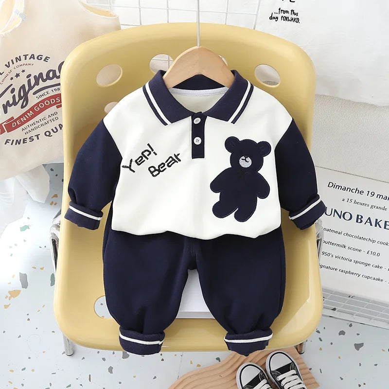 Yamza Tots' Closet Baby Clothes Children Set Boys T-Shirt Pants 2Pcs Sets navy and white with bear design