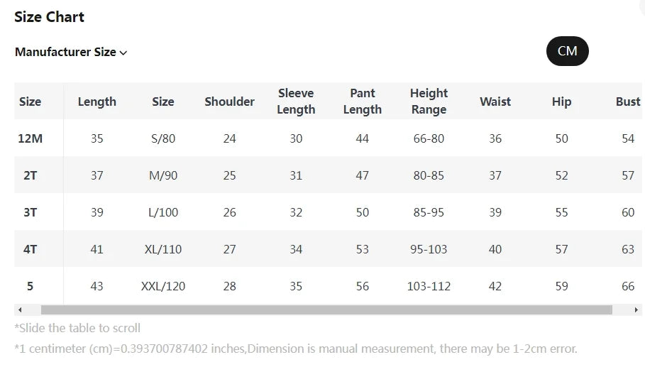 Size chart for Baby Clothes Children Set Boys T-Shirt Pants 2Pcs Sets showing measurements for length shoulder sleeve pant and waist