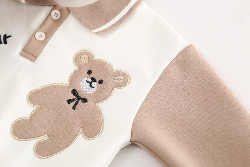 Baby Clothes Children Set Boys T-Shirt Pants 2Pcs Sets featuring beige and white shirt with embroidered teddy bear design