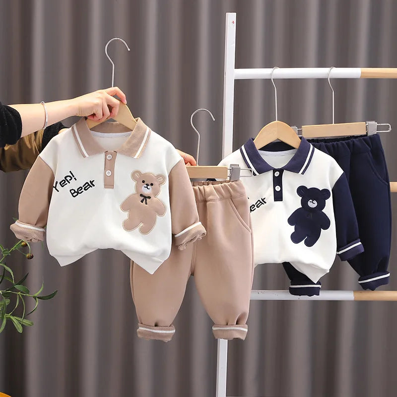 Yamza Tots' Closet Baby Clothes Children Set Boys T-Shirt Pants 2Pcs Sets with bear design in beige and navy colors