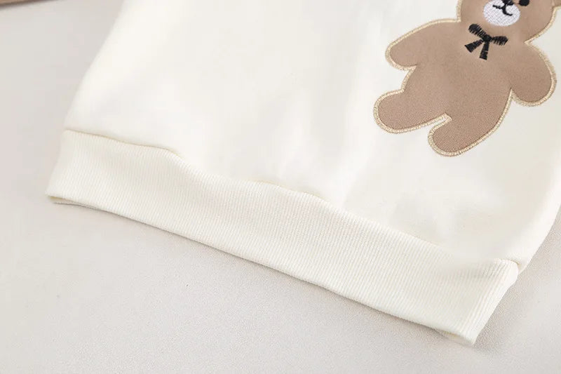 Close-up of white boys t-shirt with teddy bear applique from Baby Clothes Children Set Boys T-Shirt Pants 2Pcs Sets