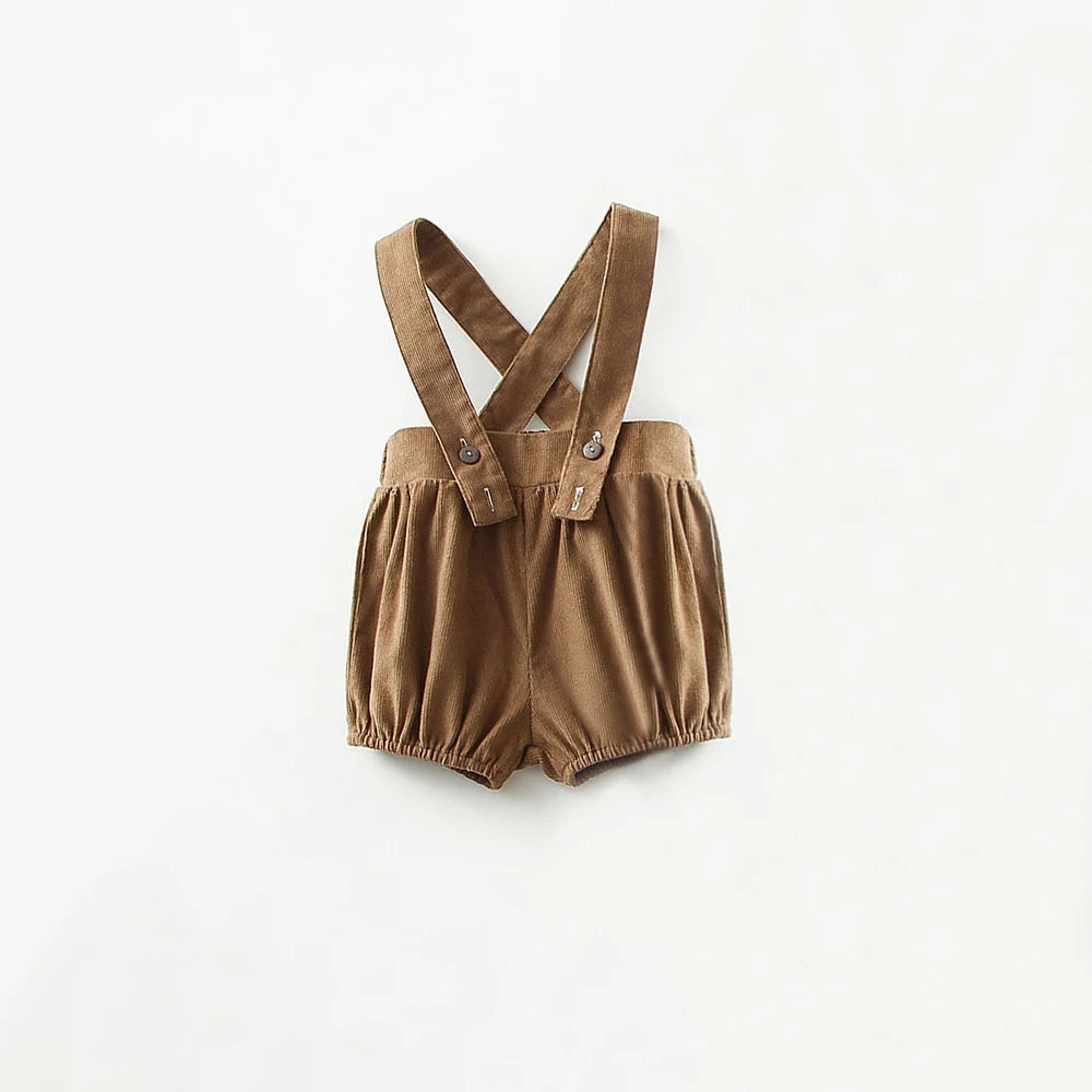 Brown Baby Corduroy Overalls Romper Jumpsuit Backless Outfit Unisex by Yamza Tots' Closet on white background
