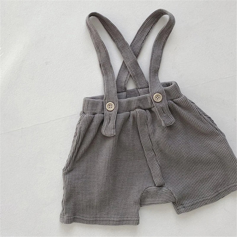Baby Corduroy Overalls Romper Jumpsuit Backless Outfit Unisex in soft gray with adjustable straps and buttons