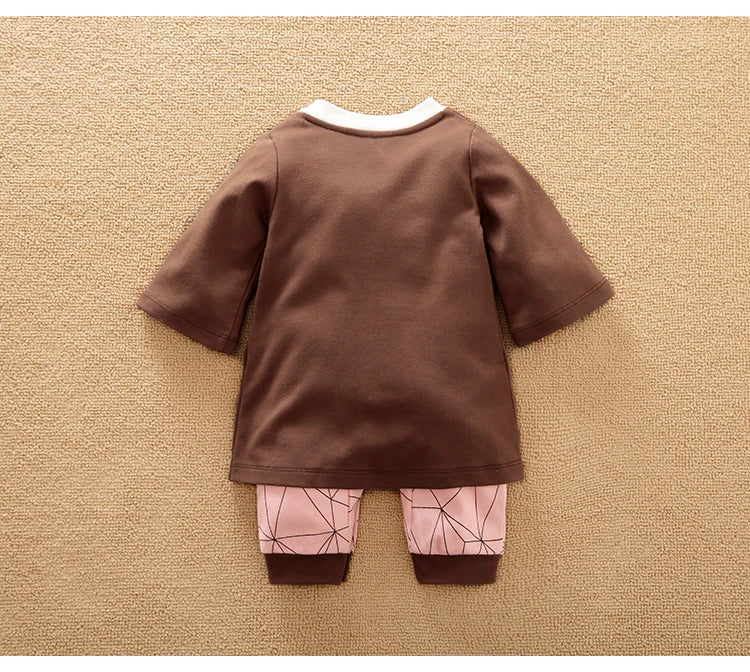 Brown and pink Baby Cotton Role Play Jumpsuit Long Sleeve Soft Comfortable Outfit laid flat on beige surface