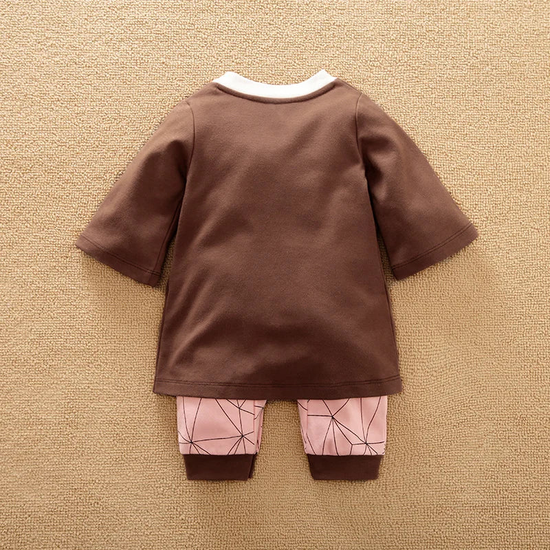 Baby Cotton Role Play Jumpsuit Long Sleeve Soft Comfortable Outfit in brown and pink with geometric print pants