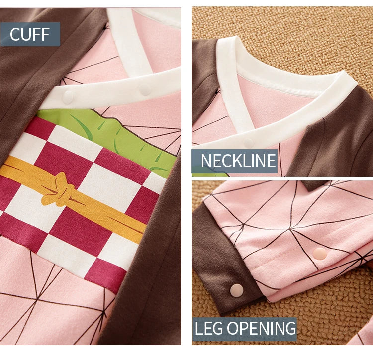 Close up details of Baby Cotton Role Play Jumpsuit Long Sleeve Soft Comfortable Outfit showing cuff, neckline, and leg opening