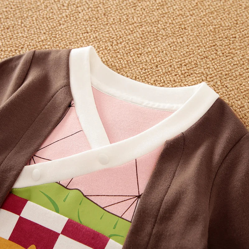 Baby Cotton Role Play Jumpsuit Long Sleeve Soft Comfortable Outfit with brown and pink fabric close-up