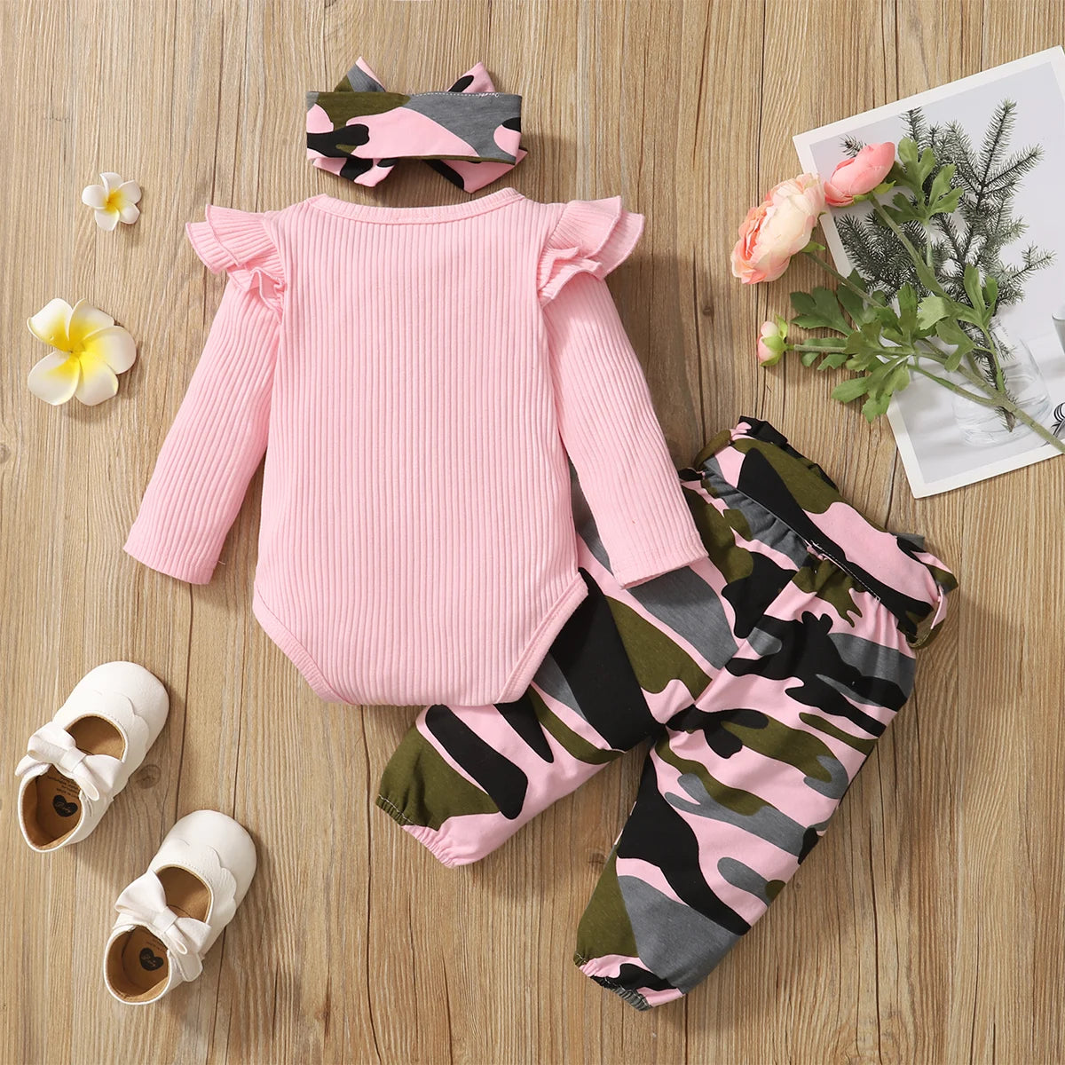 Baby Girl Camouflage Outfit Set with Long Sleeve Bodysuit and Headband in pink and camo patterns