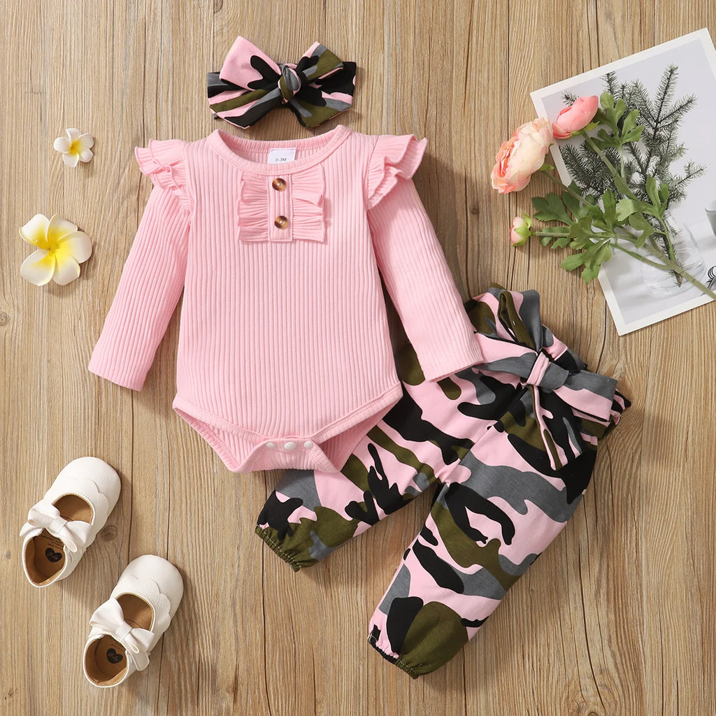 Baby Girl Camouflage Outfit Set with Long Sleeve Bodysuit and Headband featuring pink ruffles and camouflage pants