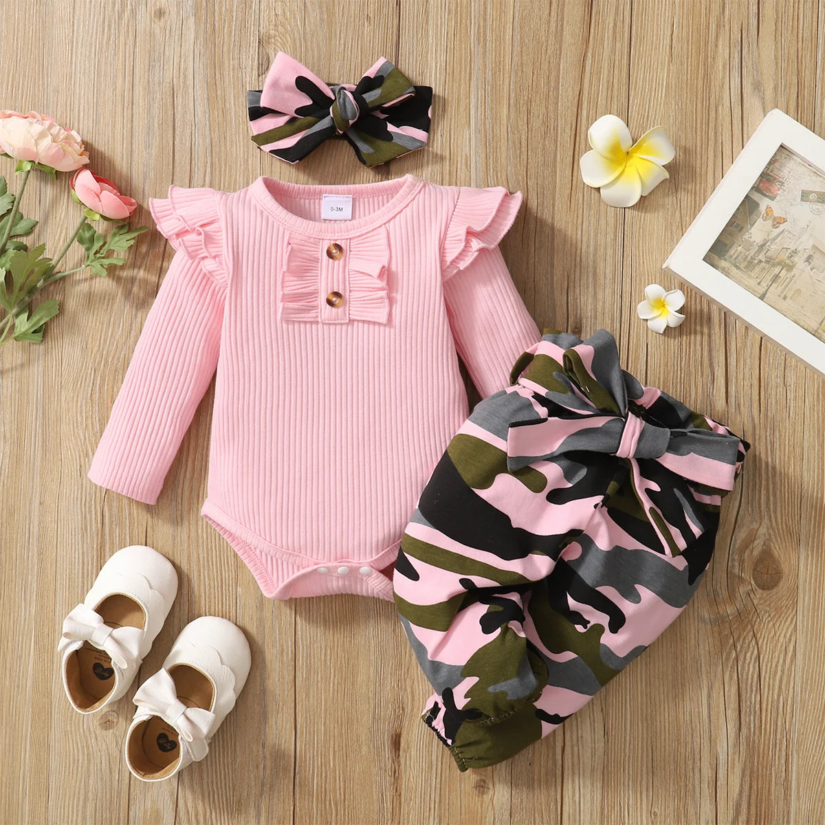 Baby Girl Camouflage Outfit Set with Long Sleeve Bodysuit and Headband in pink and camo pattern