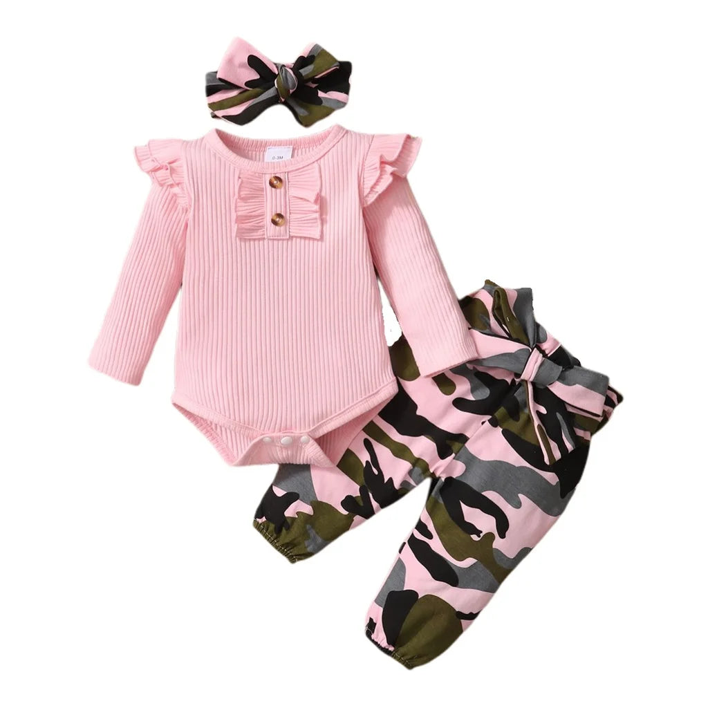 Baby Girl Camouflage Outfit Set with Long Sleeve Bodysuit and Headband featuring pink ruffle top and camo pants
