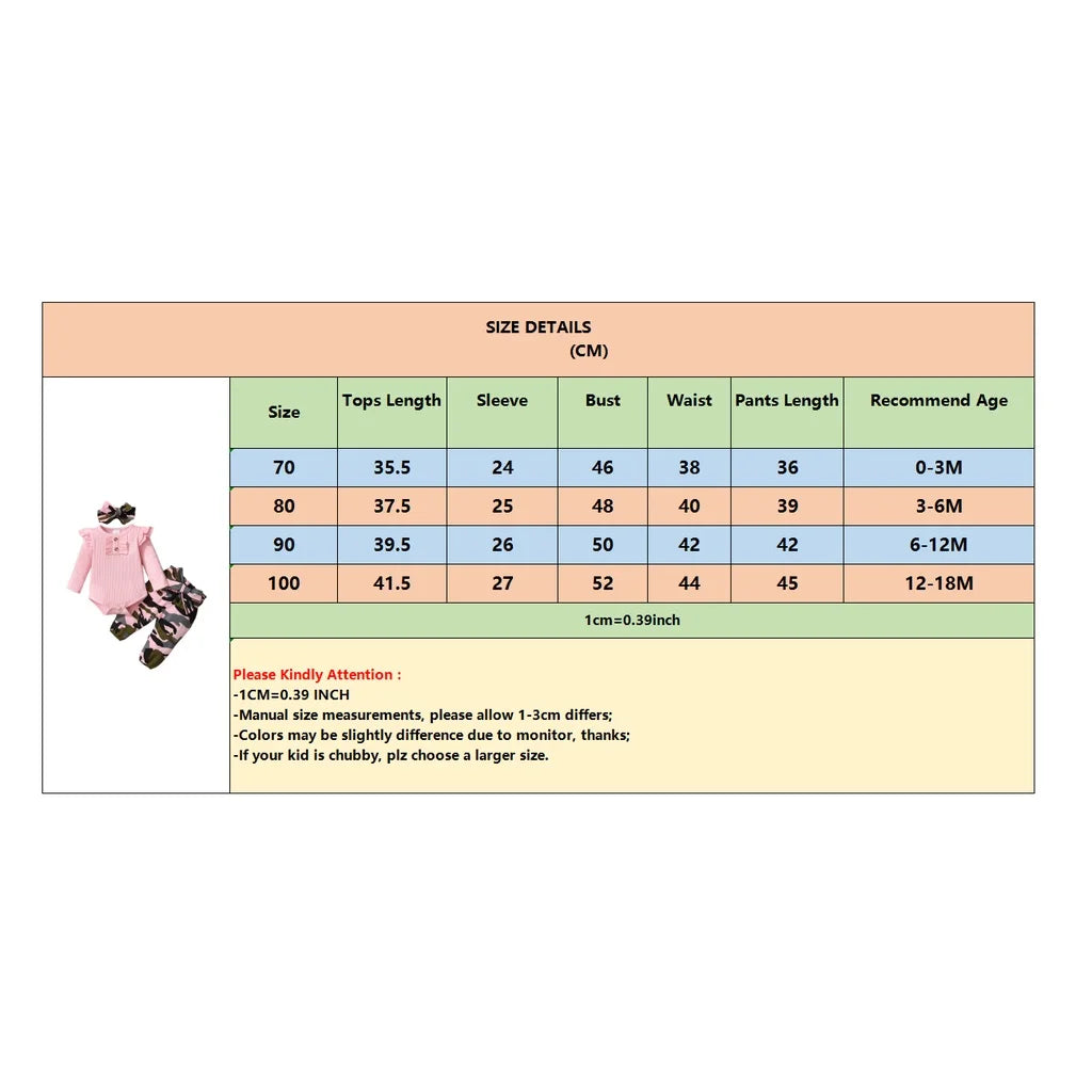 Size chart for Baby Girl Camouflage Outfit Set with Long Sleeve Bodysuit and Headband by Yamza Tots' Closet