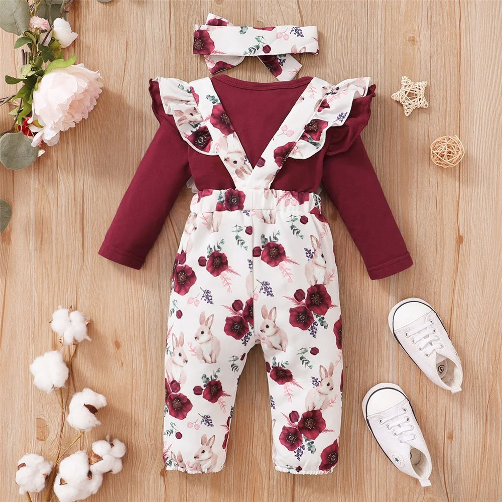 Baby Girl Clothes Set Red Color 2PCS with floral printed overalls and maroon long sleeve top