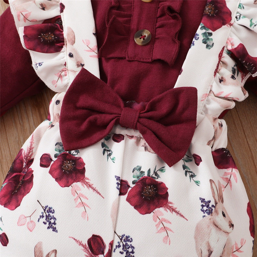 Yamza Tots' Closet baby girl clothes set red color 2PCS with floral pattern and bow detail
