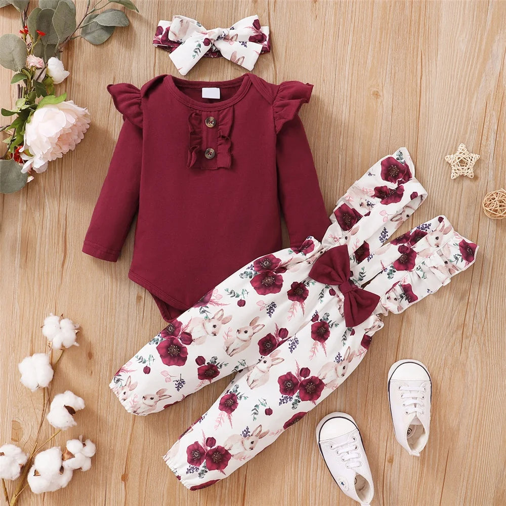 Baby Girl Clothes Set Red Color 2PCS with long sleeve bodysuit and floral printed overalls